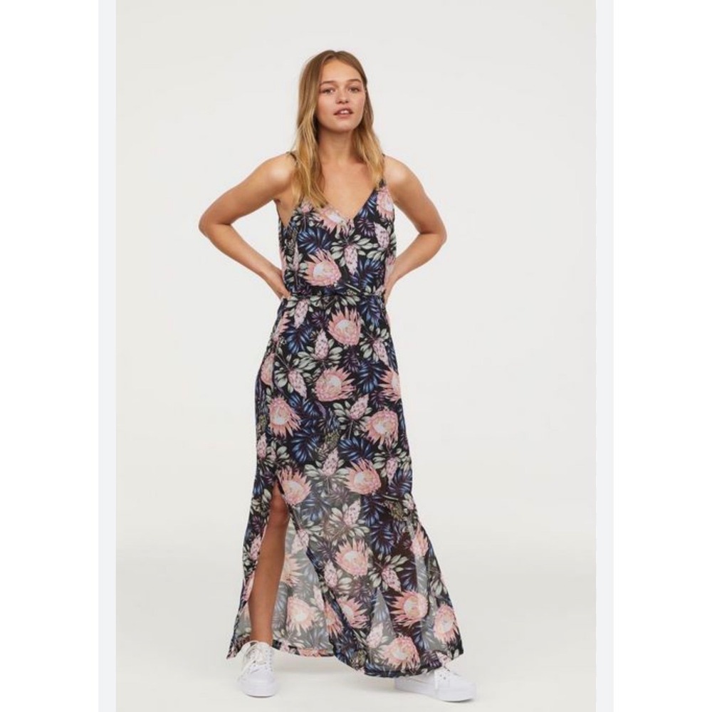 H&M Divided Floral Maxi Dress Spaghetti Straps V‎ Neck Pink Blue Black Size 6